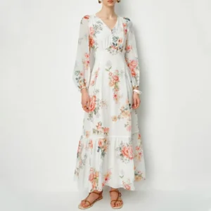 Watercolor Flora Long Sleeve Dress in Tencel-Ramie | Custom OEM Women’s Clothing Manufacturer | Eco Soft Fabric