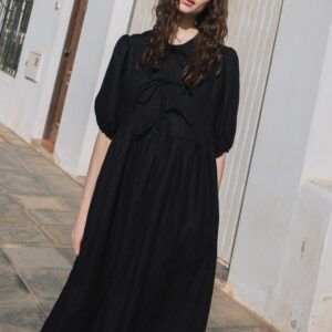 Custom Black Bow Tie Linen Dress | Elegant Women's Casual & Workwear | OEM Apparel Factory | Private Label & Low MOQ