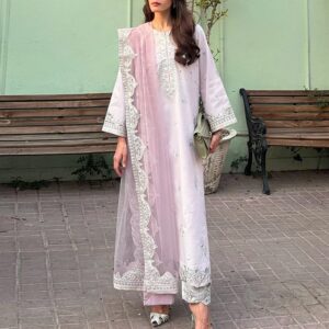 Pink Embroidered Organza 3-Piece Dress | Hand-Inspired Needlework & Fine Organza | Custom Design & Sizing | ODM/OEM Suit Manufacturer