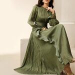 Custom New Olive Green Ruffle Pleated Dress | Long Sleeve Autumn Style | Custom Color & Fit | OEM Apparel Manufacturer