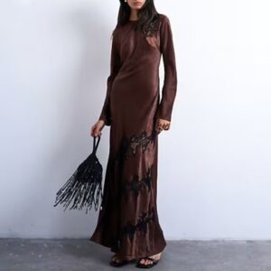 Cutwork Lace Insert Long Sleeve Maxi Dress | Custom OEM Women’s Clothing Manufacturer | Elegant Chocolate Brown Dress